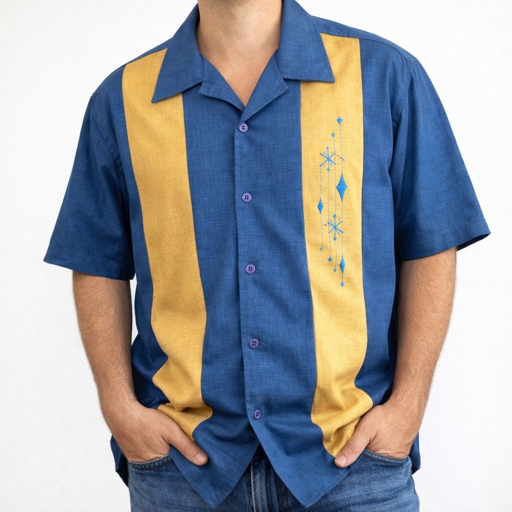 Steady Mens Bowling Shirt Blue Yellow Atomic Starburst Retro Rockabilly Size M